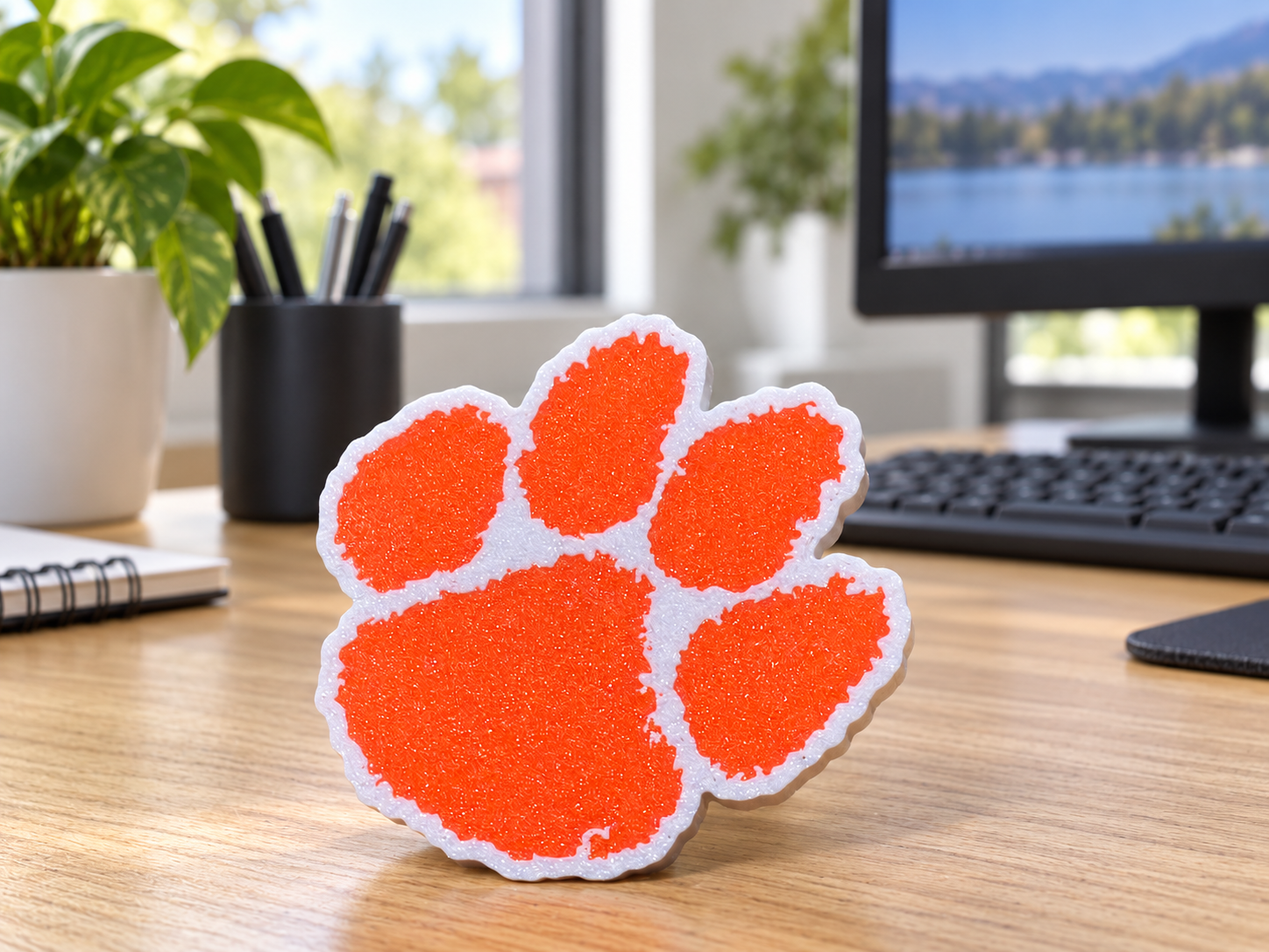 Clemson orange paw desk sign with a white outline standing on an office desk