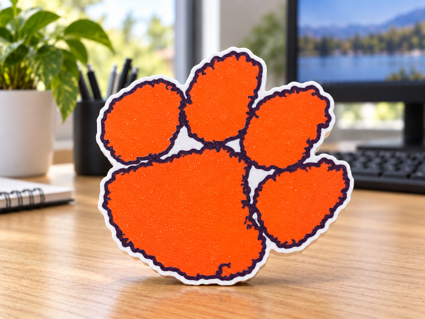 Orange Clemson paw with a narrow purple accent and continuous white outer outline standing on an office desk