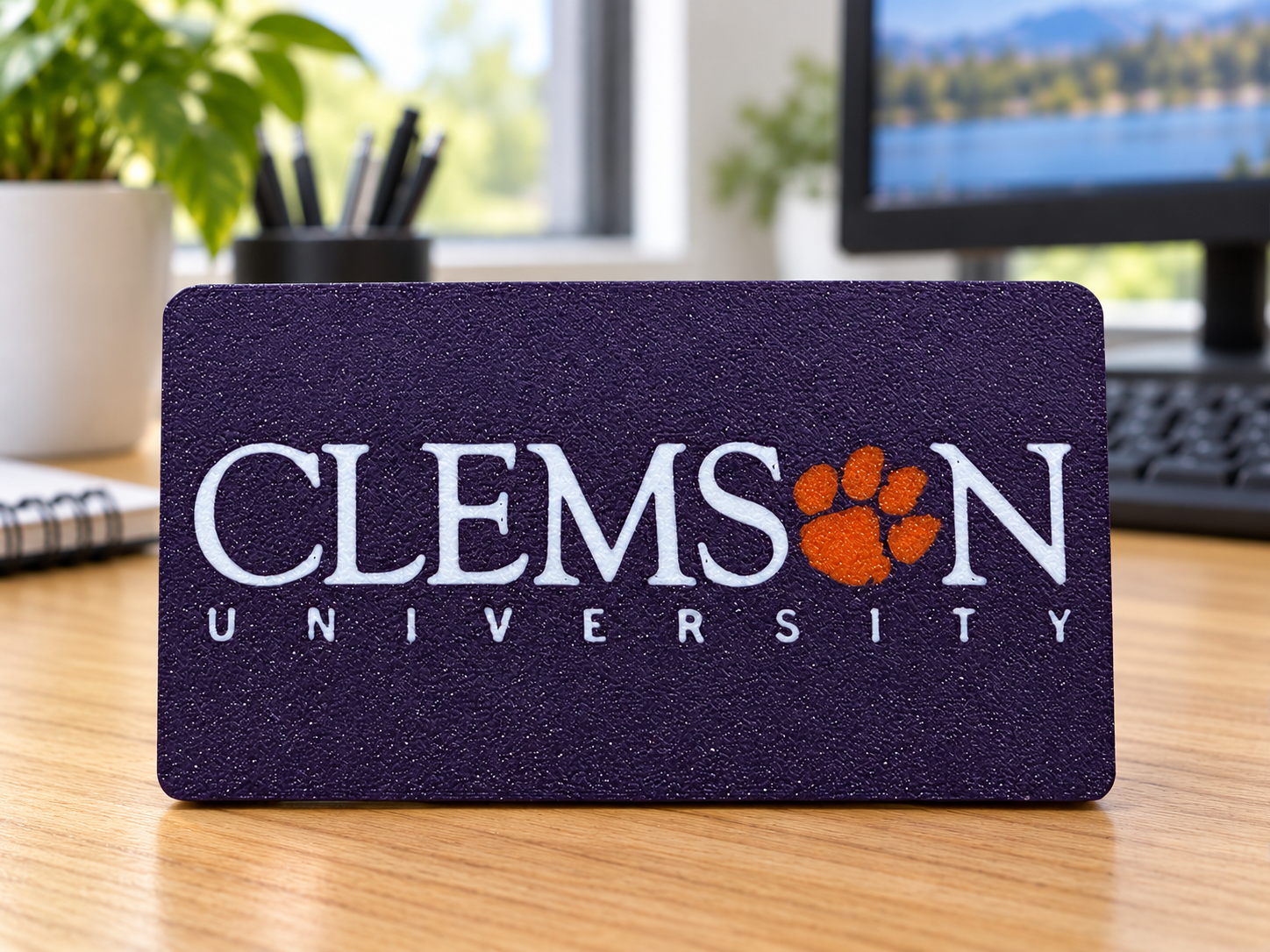 Clemson-purple plaque with white CLEMSON and UNIVERSITY lettering and an orange paw standing on an office desk